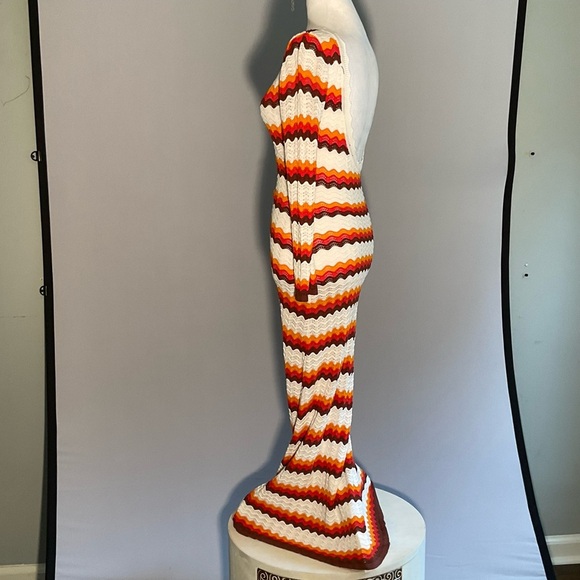 Bodycon Striking Striped Long Sleeve Crocheted Maxi Dress with Deep Scoop Back - Picture 13 of 16